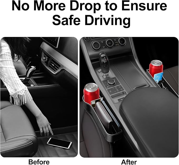 LEYACS Car Seat Gap Filler, Premium Leather Car Seat Gap Filler Organizer with Cup Holder, Car Seat Organizer with Two Seat Hooks, Can Hold Cell Phone, Keys, Cards, Canned Drinks - 2 Pack, Black