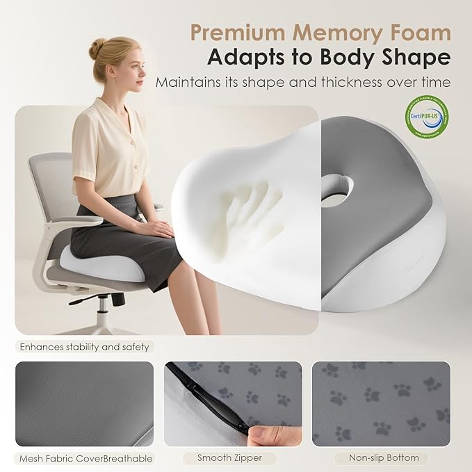 FLORICH Car Seat Cushion for Driving, Memory Foam Seat Cushion for Car Office Chair, Ergonomic Office Seat Chair Cushion for Sciatica Pain Relief, Larger Car Seat Cushion for Trunk - Gray
