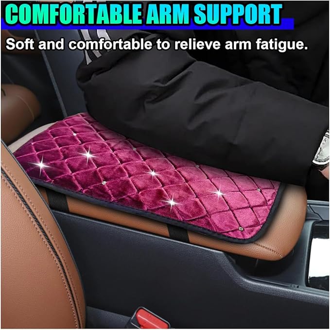 Bling Car Center Console Cover, Soft Comfortable Fluffy Car Armrest Cover, Crystal Rhinestone Seat Box Cushion Protector, Automotive Interior Decoration Accessories for Most Vehicles (Rose Red)