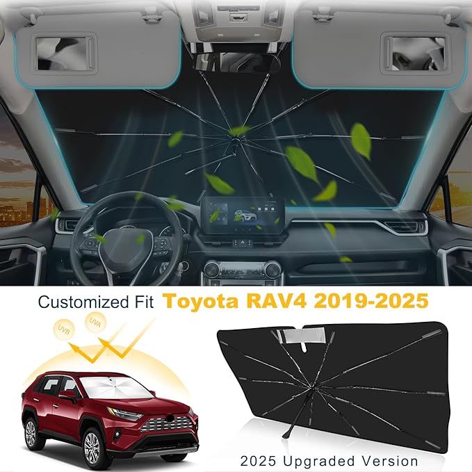 2025 Upgrade Windshield Sun Shade Umbrella Custom Fit RAV4 2019-2025 Foldable UV Protection Car Cover, Emergency Rain Shield & Dashboard Protector - Durable Auto Accessory