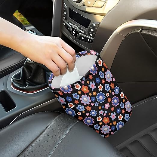 Brosoneto Groovy Hippie Flower Collapsible Trash Can for Cars, Family Gatherings, Camping - Easy to Clean Car Garbage Accessory
