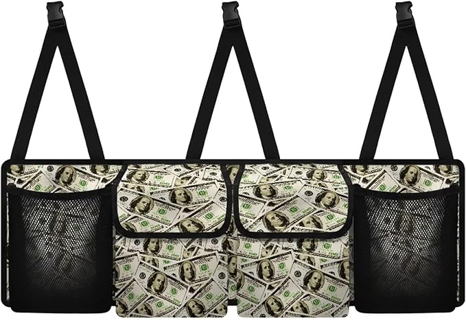 Car Trunk Organizer, US Dollar Bill Large Auto Backseat Hanging Organizer, Thick Backseat Storage Bag with Pockets, Car Trunk Tidy Storage Bag with Lids Decoration