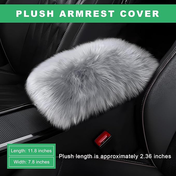 Furry Car Center Console Cover Pad, 11.8"×7.9" Auto Fluffy Plush Center Armrest Protective Cover, Comfortable Fuzzy Armrest Seat Box Protector Cushion for Cars Trucks SUVs (Light Gray)