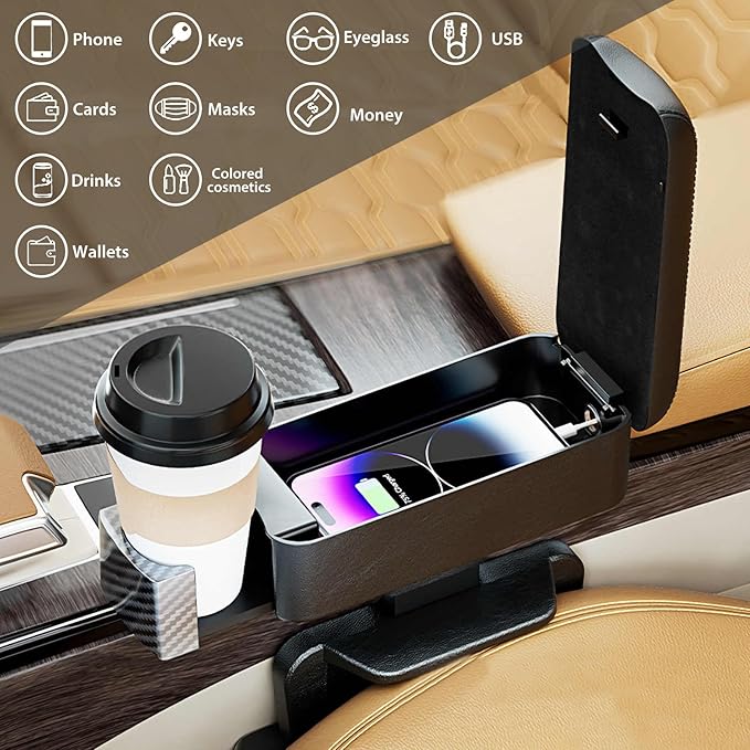 RUPSE Universal Car Armrest Storage Box with Cup Holder, USB/Type-C Ports, Adjustable Wrist Support,Center Console Organizer for Most Vehicles
