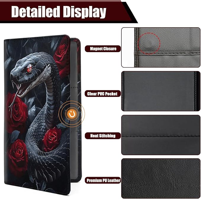 Car Document Holder with Magnetic Shut, Car Registration and Insurance Card Holder, Vehicle Glove Box Organizer Documents, Driver License, Auto Paperwork Organizer Wallet, Black Snake In The Red Rose