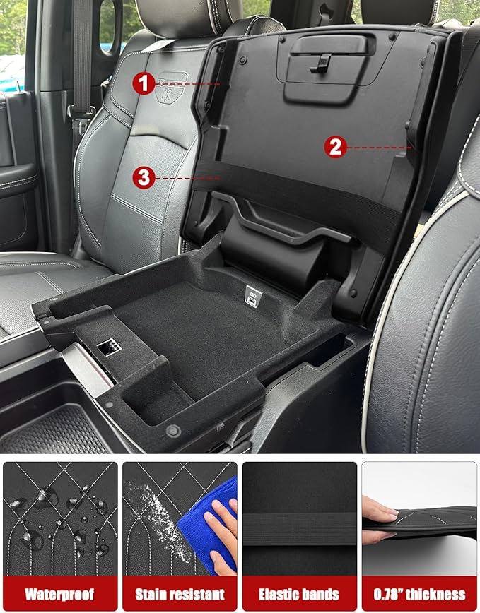 KBH Center Console Armrest Cover for 2019-2026 Dodge Ram 1500 2500 3500 5th Gen, Floor Console Bucket Seat, Arm Rest Cushion Pad Protector, Vinyl Leather, Black-Gray Stitches