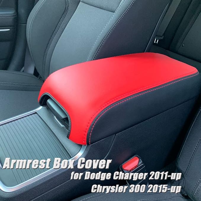 BOYUER Center Console Cover Armrest Leather Pad Cover Compatible With Dodge Charger 2011-2023/Chrysler 300 2015-2023（Black and Red Neoprene）