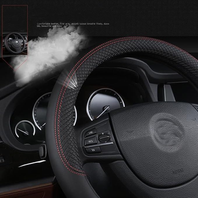 SHIAWASENA Car Steering Wheel Cover, Leather, Universal 15 Inch Fit, Anti-Slip & Odor-Free (Black&Red)