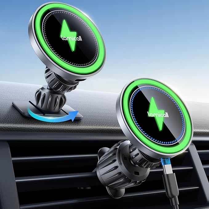 Lamicall 15W for MagSafe Car Mount Charger - [20X Strong Magnets] Wireless Car Phone Holder Charger, Magnetic Phone Holders for Car Vent Dash Accessories for Women Men for iPhone 17 Air Pro Max Silver
