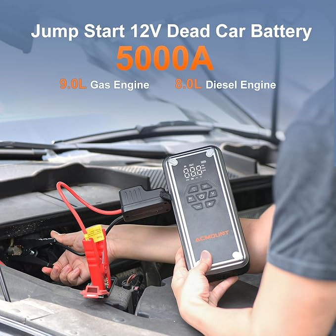 Acmount W160 Jump Starter with Air Compressor 5000A Car Battery Jump Starter 150PSI Tire Inflator/Air Pump, 12V Portable Jump Pack (Up to 9L Gas/8L Diesel Engine), Emergency Car Kit, Idea Gift for Man