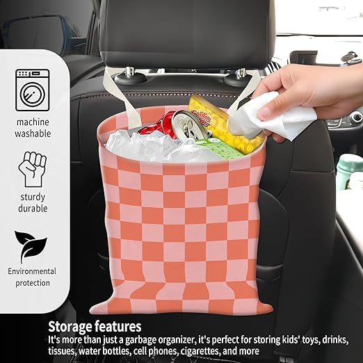 ADQWIOVL Car Garbage Can, Seat Back Hanging Cute Car Trash Can Bag, Car Organizer and Storage Bag for Travelling, Outdoor Cute Red Pink Checkerboard