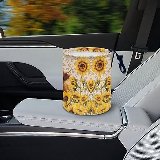Sunflower Highland Cattle Mini Car Trash Bin Car Garbage Can, Storage Bag Waterproof Multipurpose Vechile Organizer Car Accessories for Women Interior