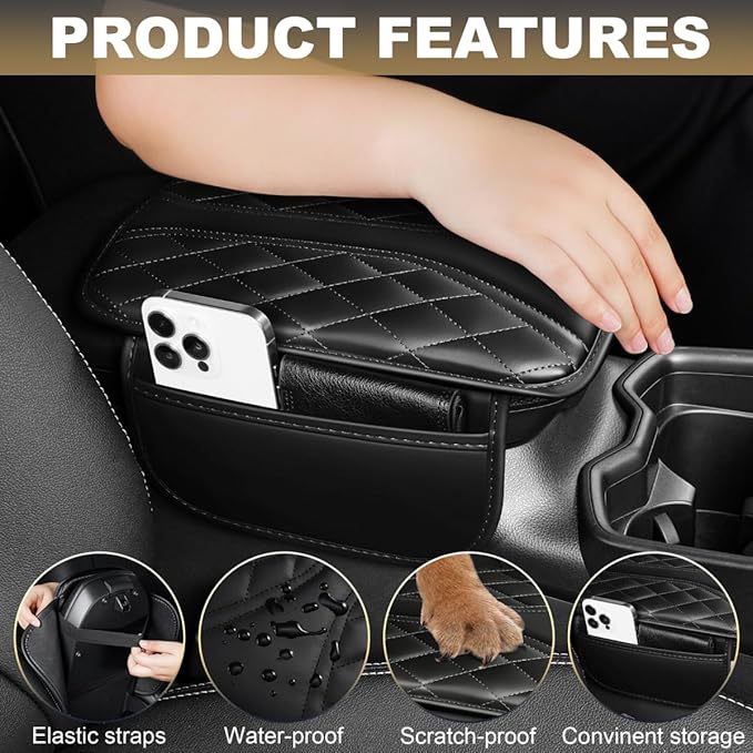 YORKNEIC Center Console Cover Fit for Ford Escape,Upgraded Faux Leather Car Arm Rest Cover Pad with 2 Storage Bags,Anti-Scratch/Wear-Resistant/Waterproof Car Armrest Cover Protection(Black)