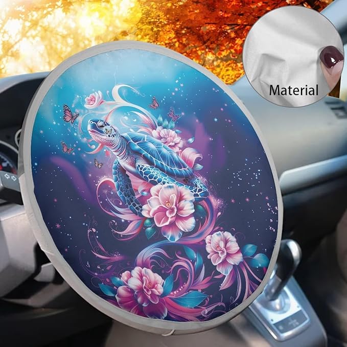Sea Turtle Steering Wheel Sun Cover 17 Inch Boho Floral Car Rudder Shade Cover for Women Reflective Steering Wheel Cover Sun Block Gift for Friends