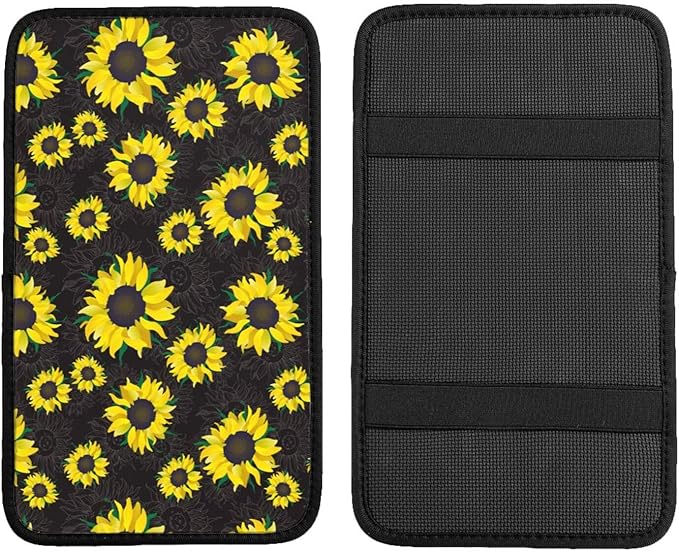 DORKEIXIA Sunflower Flower Floral Black Auto Center Console Armrest Pad Universal Car Center Console Cover Seat Box Cover for Sedan, Van, SUV, Truck Car Accessorie