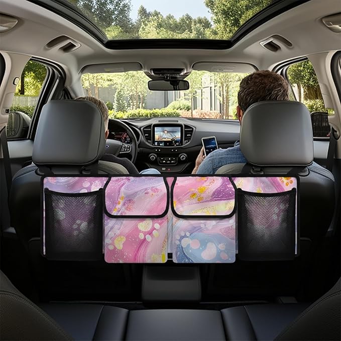 CLOHOMIN Colorful Marble Print Trunk Organizer for Sedan SUV Van Cute Dog Paw Car Organizer Hanging Auto Cargo Storage with 4 Pockets Foldable Car Trunk Storage Bag Auto Interior Accessories
