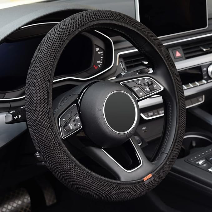 Elastic Stretch Steering Wheel Cover, Warm in Winter and Cool in Summer, Universal 15 inch Microfiber Breathable Ice Silk Anti Slip Car Interior Accessories, Odorless, Easy Carry, Black