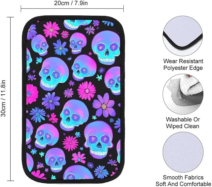 Auto Center Console Cover Neon Purple Flowers Floral Skull Car Armrest Pad Seat Box Cushion Car Accessories Decor Universal Fit Most Vehicles Trucks