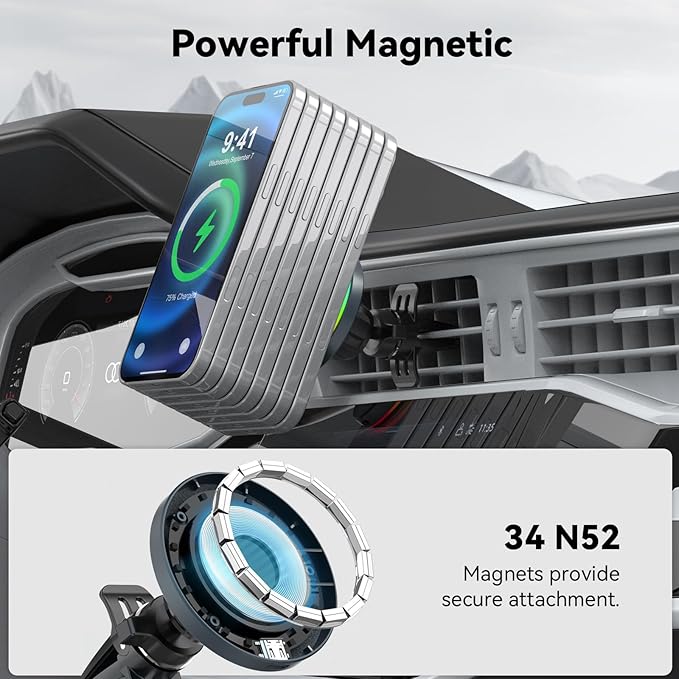 Lecork for Magsafe Car Mount Charger, 15W Air Vent Magnetic Wireles Car Mount Charger for iPhone 17 Pro Max Accessories, Car Phone Holder for iPhone 17 16 15 14 13, Zinc Alloy Case, Deep Grey