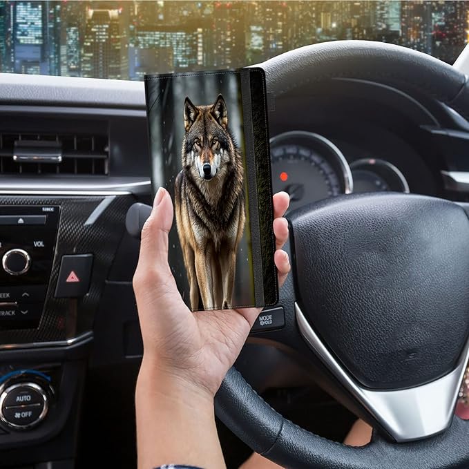 Car Registration and Insurance Holder,Leather Vehicle Glove Box Organizer Wallet for Document,Perfect for any Car,Truck,Motorcycle,Driver License,Trailer or Boat,Men & Women,Wolves Howling Wild