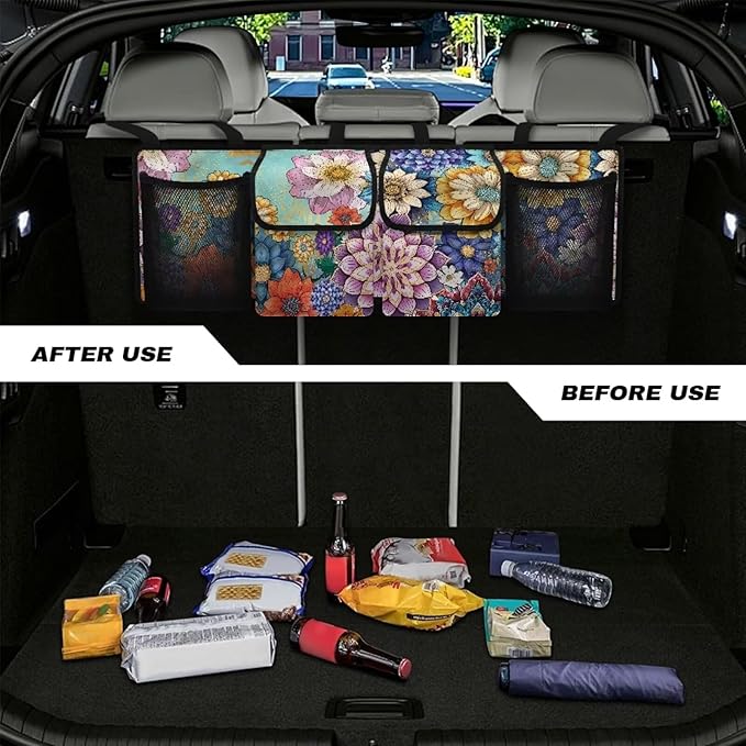 Boho Car Trunk Organizer Oxford Cloth, Mandala Flower Car Storage Organizer (37.01"*11.8") Portable Car Storage Bag with 4 Pocekt, Hanging Car Organizer for SUV/MPV/Truck, Machine Washable
