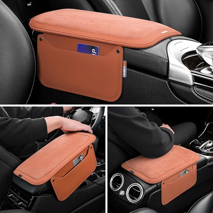 Car Center Console Cover, Leather Furry Fluffy Armrest Seat Box Cushion Pad with 2 Storage Bags, Comfortable Auto Interior Middle Console Protector, Compatible with Most Vehicle (Gray)