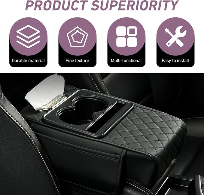 Car Armrest Box Mat, Car Console Organizer with Center Console Cup Holder, 13.78 x 7.87 x 3.15 in Armrest Pad, Universal for Most Vehicles (Black)