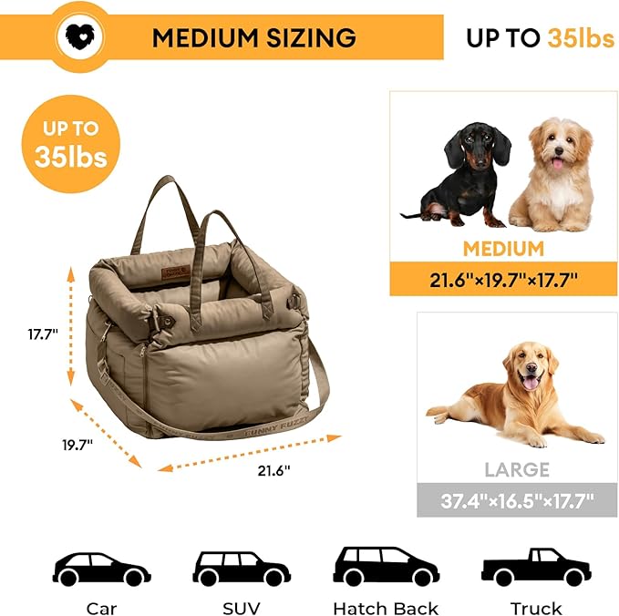 FUNNYFUZZY Leather Dog Car Seat for Small ＆ Medium Sized Dogs Up to 35lbs, Waterproof and Washable Dog Booster Seat Car Bed for Travel and Home,Portable and Safety(Beige)
