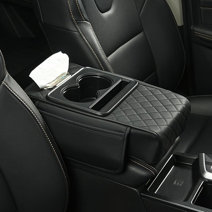Car Armrest Cushion, 5-in-1 Center Console Cover with 2 Storage Bags Cup Holder Tissue Box Slot, Car Center Console Cover Pad Car Armrest Box Cover for SUV Truck (Black)