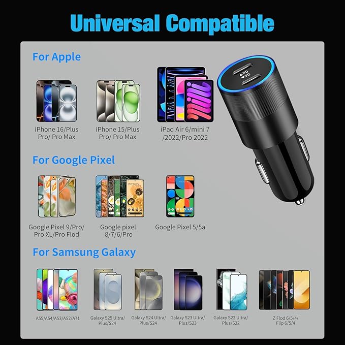 60W Fast USB C Car Charger, Dual 30W PD 3.0 Charging Ports Cigarette Lighter Adapter for iPhone 17 Pro Max 16 15, iPad, Google Pixel 10 9, Samsung Galaxy S25 S24, Android Phone with 3.3ft Type C Cable