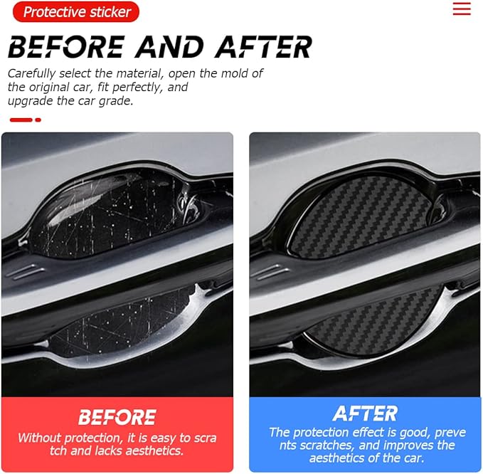 4Pcs Car Door Handle Stickers, 3D Carbon Fiber Texture Auto Door Cup Protective Film, TPU Scratch Protector Cover Guard Pad, Universal for Most Models (2.95''3.93'')