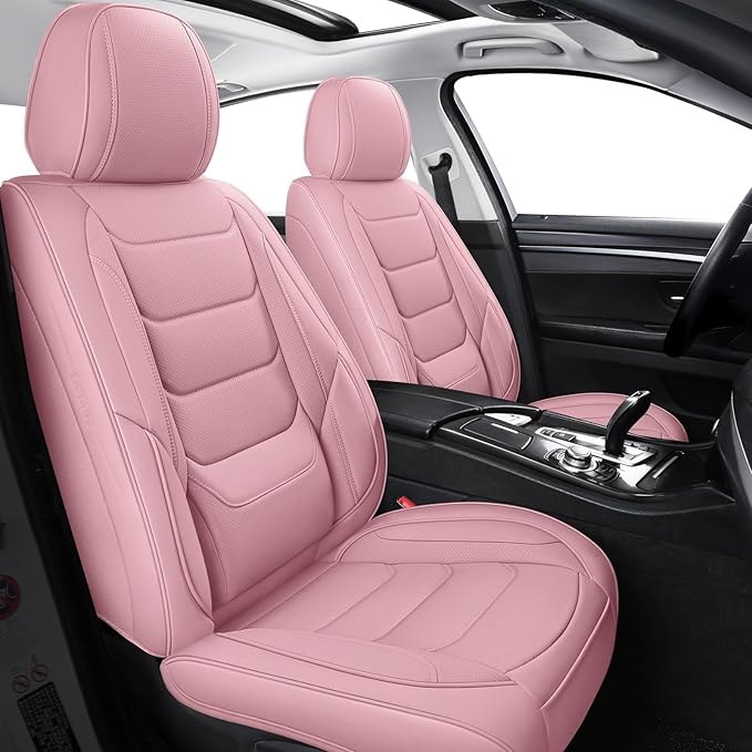 SCOMEE Pink Leather Car Seat Covers Front Seat Breathable Seat Protectors Waterproof Automotive Seat Covers Universal Fit for Most Cars SUVs Trucks Vehicles