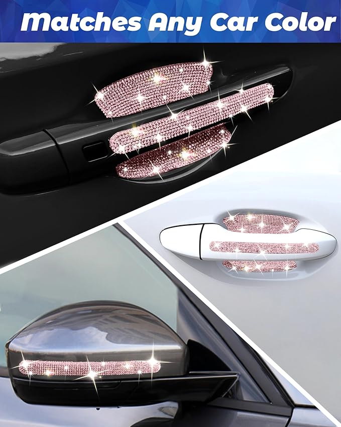 Bling Car Door Handle Protector, 10 PCS, Pink Sparkling Rhinestone Cars Door Protective Cover, Anti-Scratch Auto Handles Sticker, Universal Bling Car Accessories for Women