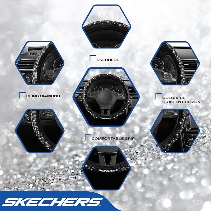 Skechers Women’s Bling Steering Wheel Cover, Velvet with Sparkly Crystal Rhinestones, Stylish Car Interior Gift, Universal Fit 14" 1/2-15" for Cars, SUVs, Trucks, Black Diamond