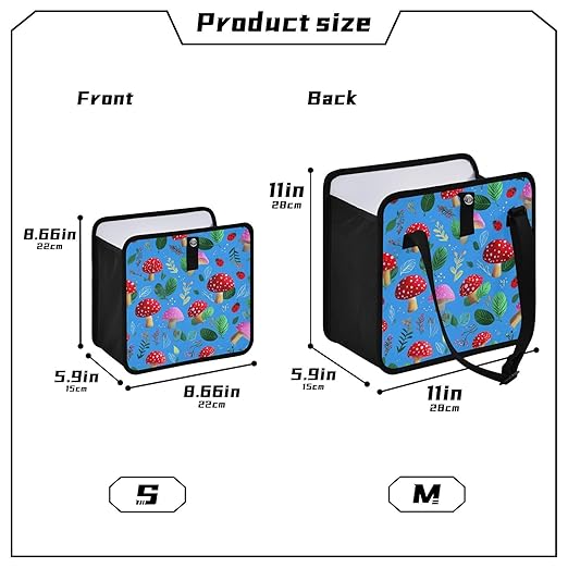 Car Trash Can Organizer Bin with Adjustable Strap for Back Front Seat Console Waterproof Leakproof Collapsible Portable 11 Inch Bright Blue Mushrooms Leaves and Ladybugs