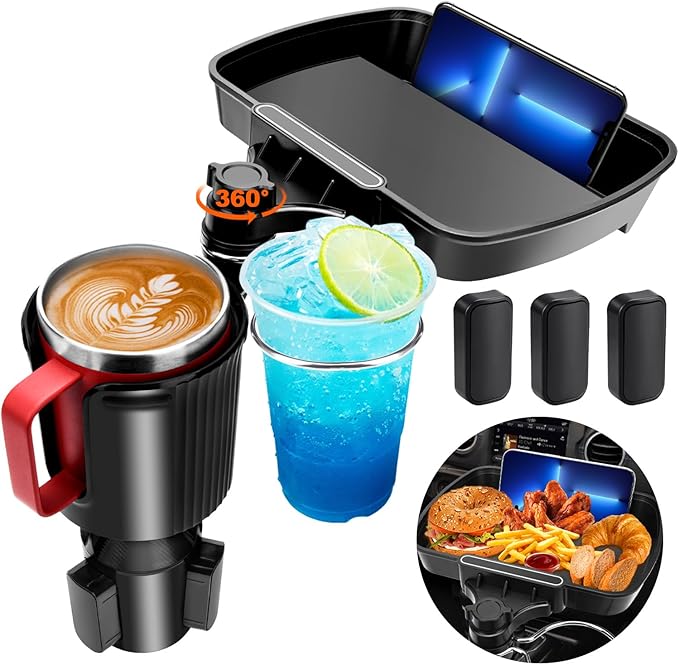 Cup Holder Tray for Car, 360° Rotating Car Tray, Car Food Table Tray for Eating with Solid Base & Phone Slot, Car Cup Holder Expander for Road Trip Essentials for Adults, ATCT-8