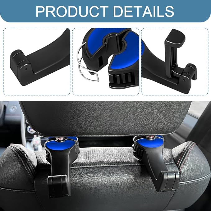2PCS Car Headrest Hidden Hook, Bag Holder for Car, 2 in 1 Auto Seat Hooks with Phone Holder, 360° Rotation Adjustable Vehicle Back Seat Storage Hanger for Purses and Bags (Blue)