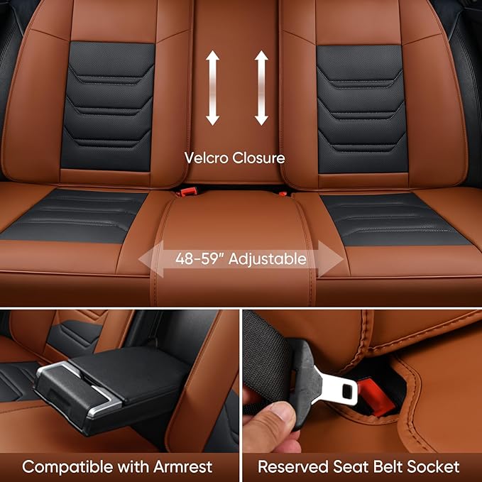 TIEHESYT Leather Car Seat Covers Full Set with Lumbar Support, Waterproof Car Seat Cover, Universal Seat Covers for Cars, Trucks, SUVs, Sedans, Airbag Compatible, Front Pair and Rear, Brown&Black