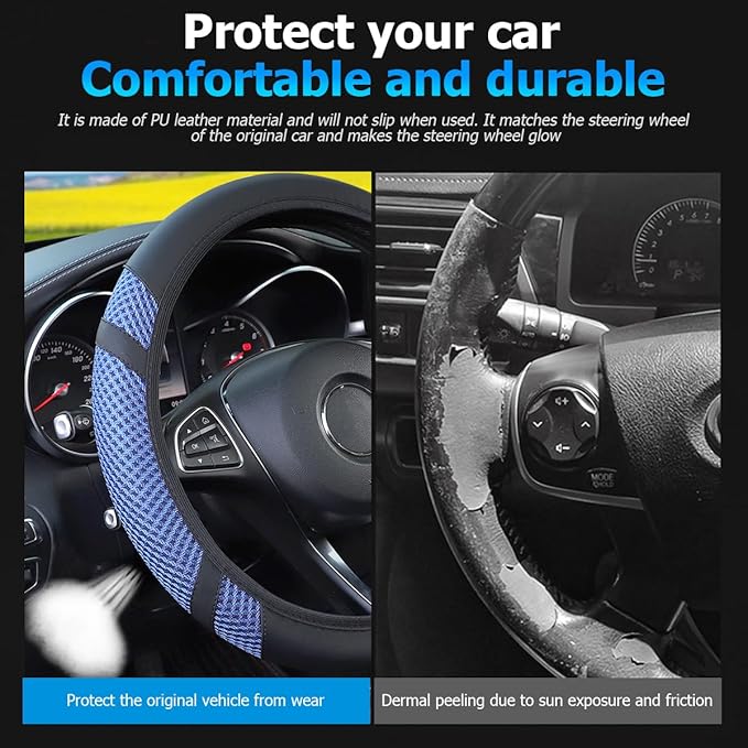 Zipelo Elastic Stretch Car Steering Wheel Cover, Leather Breathable Vehicle Steer Wheel Protective Guard, Anti-Slip Automotive Steer Wheel Protector Accessories, Universal for Most Cars (Blue)