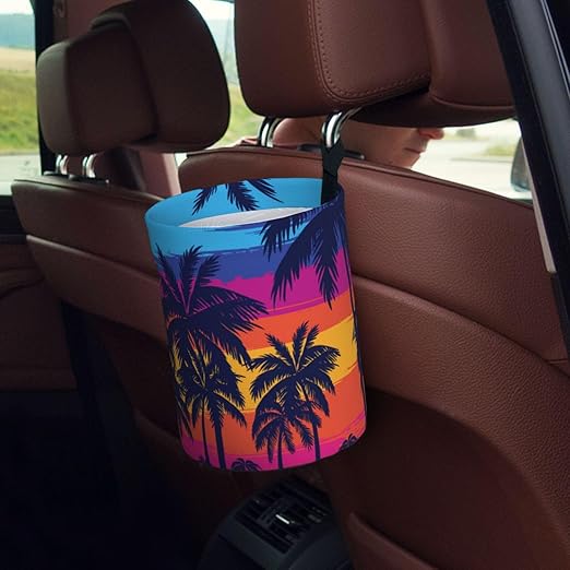 KXWQTRDD Car Garbage Bag Blue Palm Trees at Sunset Mini Car Trash Bin Portable Collapsible Waterproof Rubbish Bag for Car Accessories Back Front Seat Cup Holder
