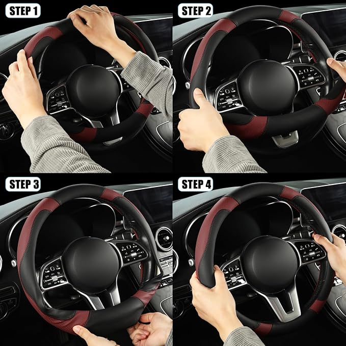 Binsheo Microfiber Leather Steering Wheel Cover Large Size for Ford F150 F250 F350 RAM 4Runner Tacoma Tundra Sequoia Model S Model X, Breathable, Anti Slip, 15.5 inch to 16 inch, Black with Burgundy