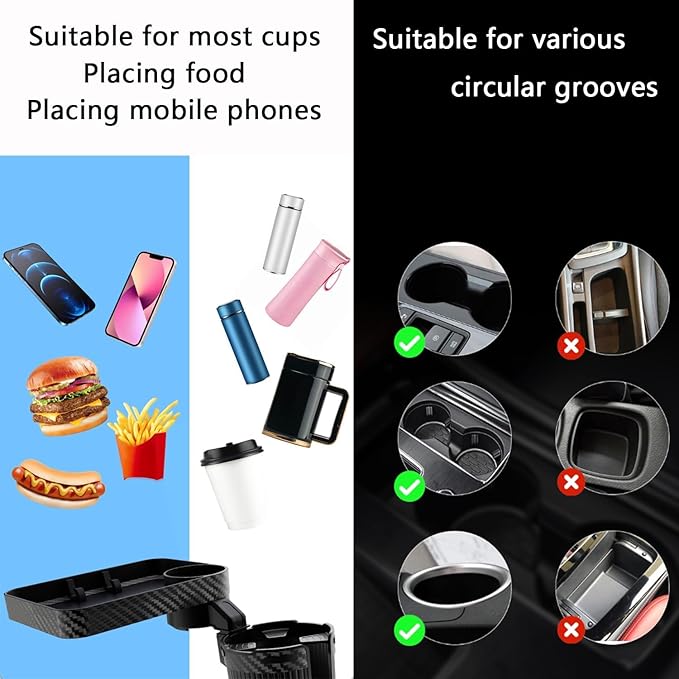 Cup Holder Tray for Car, 2 in 1 Detachable Car Food Table Tray with Solid Base & Phone Slot,Car Cup Holder Expander with 360°Rotation Tray for Travel Road Essentials (Round)