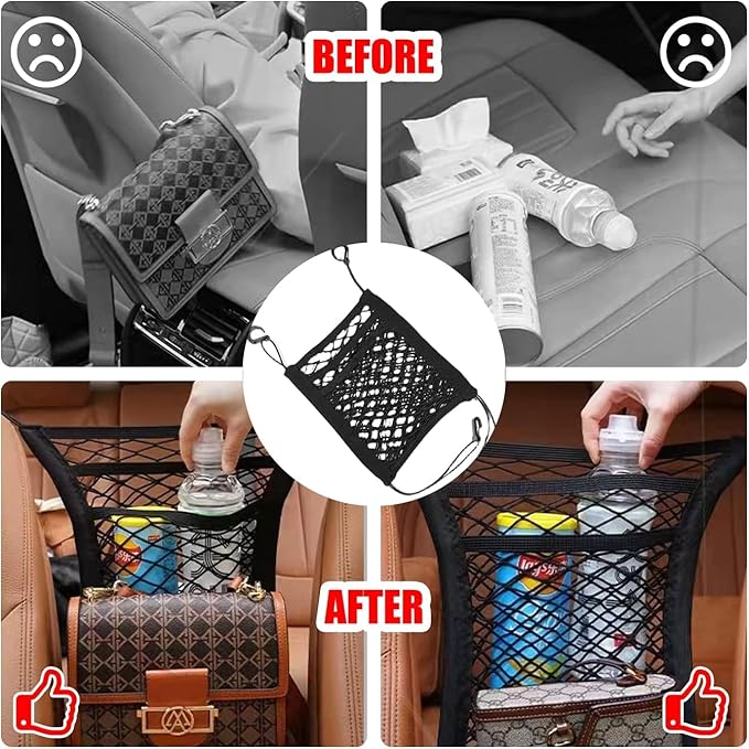 3-Layer Car Mesh Organizer, Seat Back Net Bag, Driver Storage Netting Pouch, Barrier of Backseat Pet Kids, Cargo Tissue Purse Holder（Upgrade Stretch Length）