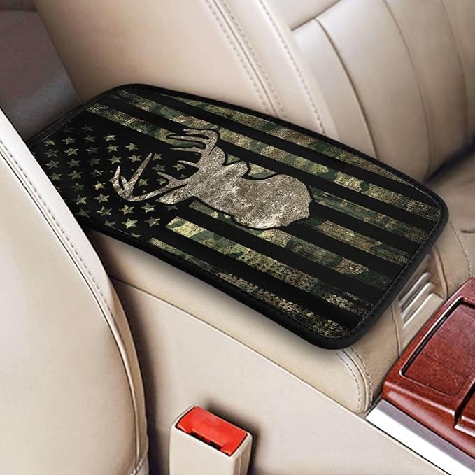 DORKEIXIA Camo Camouflage American Flag Hunting Deer Auto Center Console Armrest Pad Universal Car Center Console Cover Seat Box Cover for Sedan, Van, SUV, Truck Car Accessorie