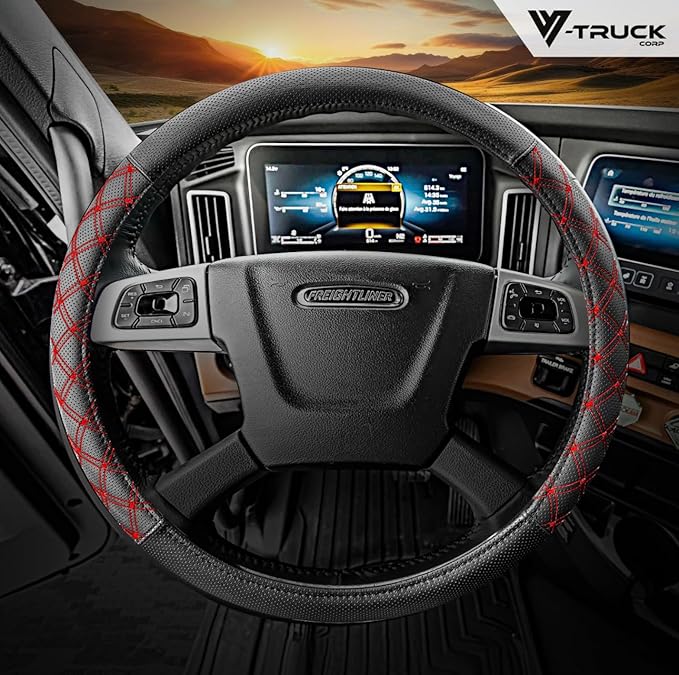 Genuine Leather Steering Wheel Cover for Semi Truck – 18" X-Large, Black with Red Diamond Stitching, Anti-Slip Grip, Fits 18 Inch Wheels for Big Rig, RV & 18 Wheeler Trucks (Black/red)