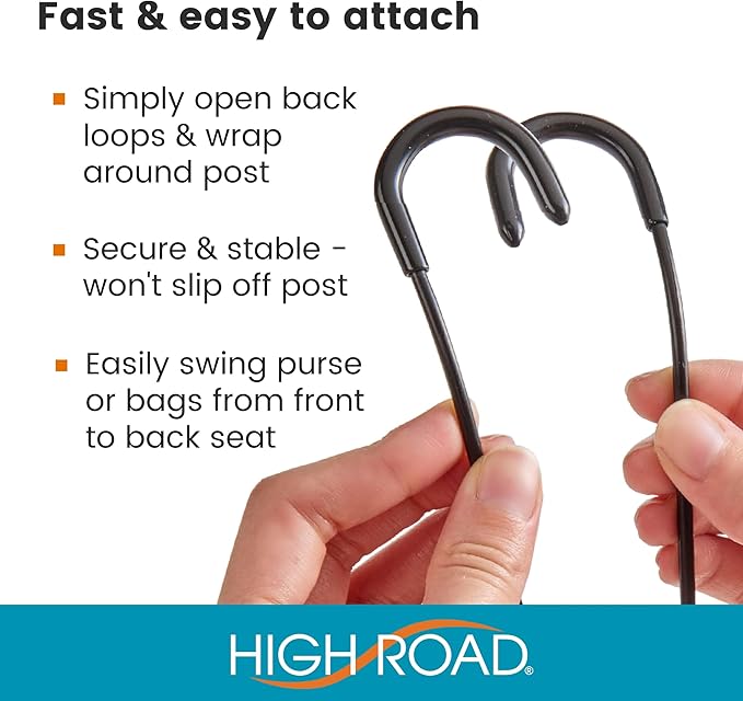High Road Unbreakable Car Bag Hooks - Large, Solid Metal Car Seat Hooks for Purse, Backpack, Coats, Hats and Heavy Bags up to 40 lbs - Secure Attachment Fits All Metal Headrest Posts, 2-Pack