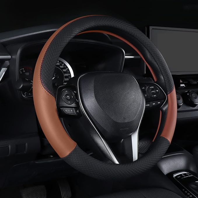 Auto Car Genuine Leather Steering Wheel Cover Anti Slip Wrap 15" (Brown)
