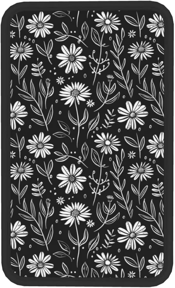 Daisy Car Center Console Cover Black White Floral Armrest Cushion Cute Arm Rest Protector Interior Accessories Fit for Most Cars Sedans Vans Truck Vehicles SUV