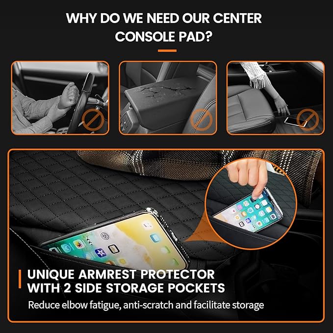 Custom Fit for Center Console Cover Ford Bronco 2021 2022 2023 2024 2025 2/4-Door Armrest Cover Center Console Pad Interior Accessories with Pockets Storage Bag Black