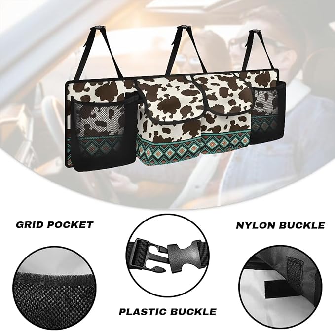 SEANATIVE Cow Ethnic Tribal Back Seat Trunk Organizer Hanging Car Organizer Trunk Foldable Cargo Storage with 4 Large Pockets 3 Adjustable Straps Car Interior Accessories 37.01x11.81inch